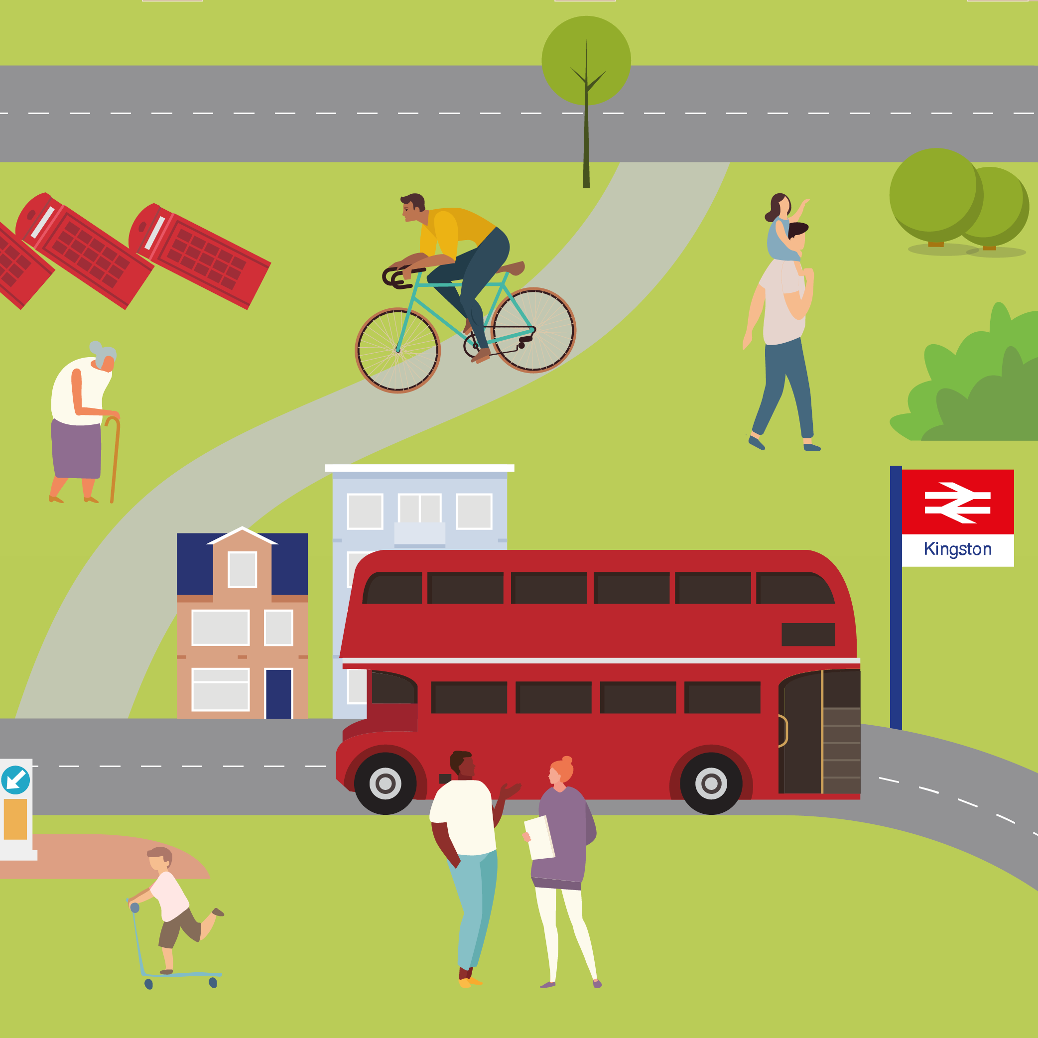 Illustration of street scene feature pedestrians, a cyclist and a double-decker bus