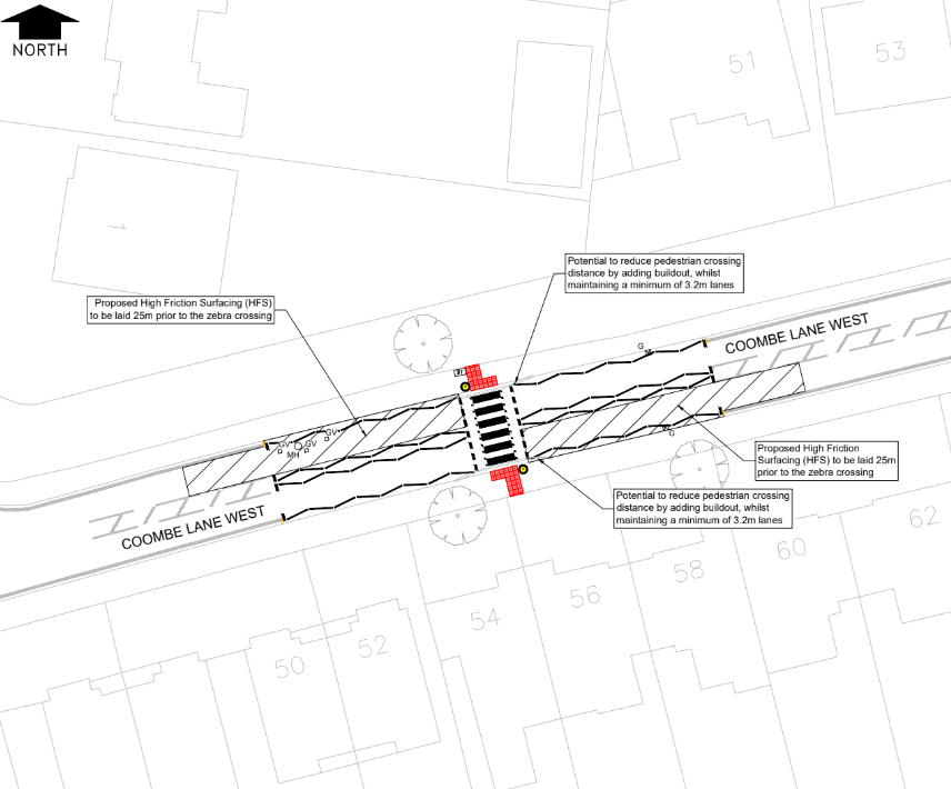 Plan showing the location of the proposed zebra crossing on Coombe Lane West outside house numbers 54 and 56