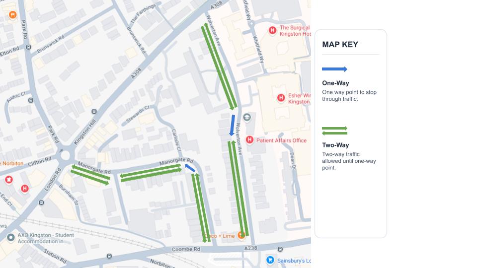 This map shows the changes to Manorgate Road and Wolverton Avenue, using green and blue arrows. For Manorgate Road, it shows how the road will limit through-traffic, through use of a small one-way section which will only allow traffic travelling from Coombes Road to Kingston Hill. On Wolverton Avenue, it shows how through-traffic will be limited by a small one-way section which will only allow traffic travelling from Kingston Hill to Coombes Road.