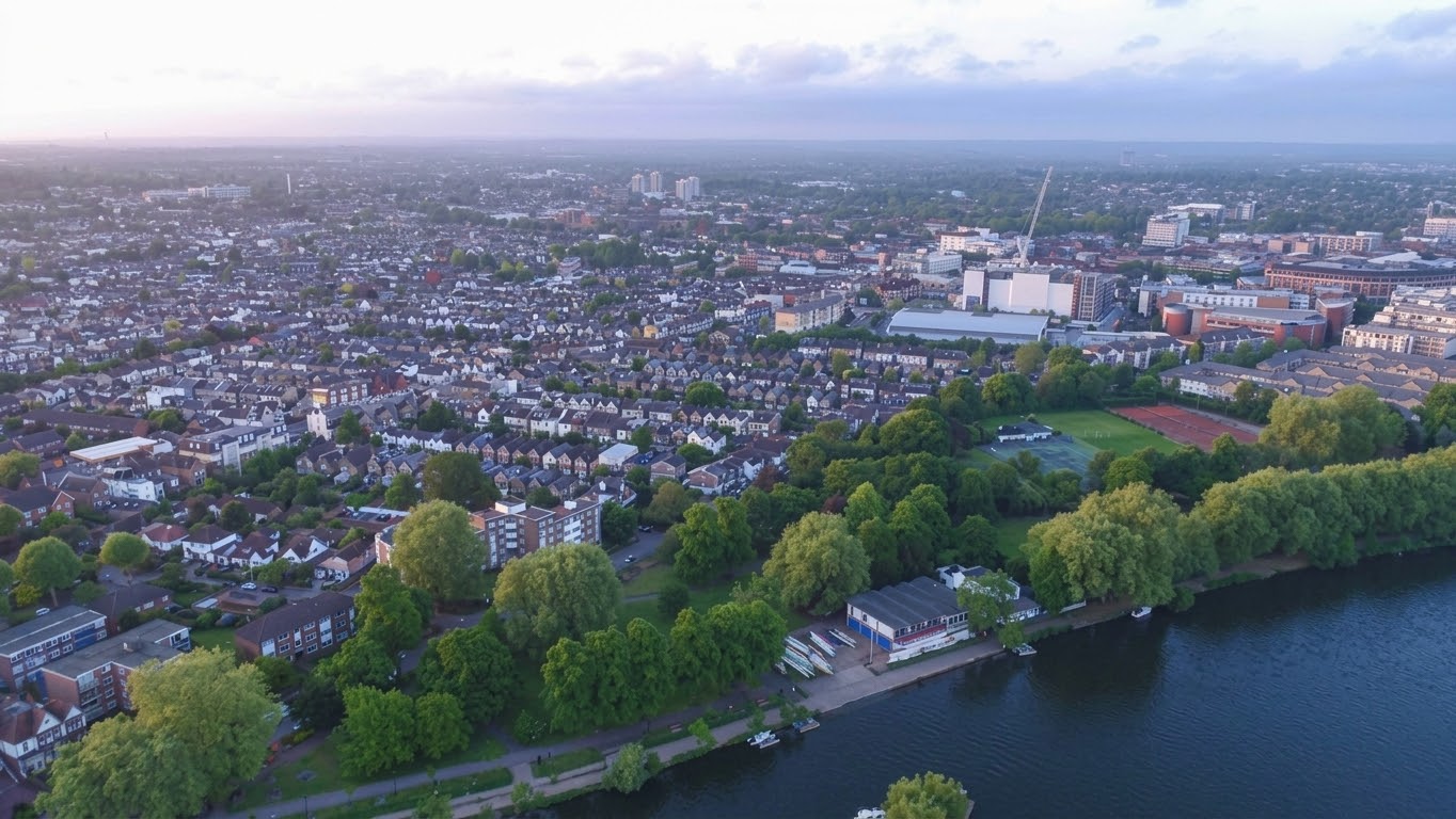 North Kingston from a drone, it shows the river Thames right hand corner, Kingston town centre above and the suburbs of North Kingston on the left.