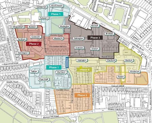 Map showing the phases of the regeneration of the Cambridge Road Estate 